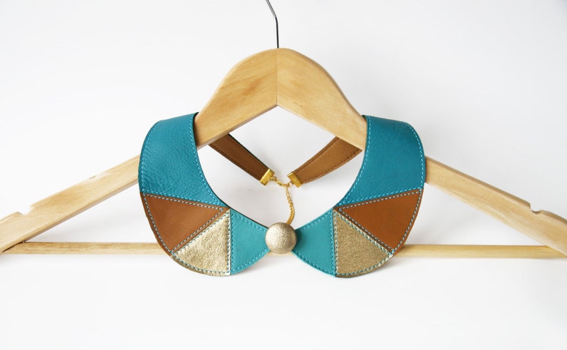 Leather Bib Necklace Peter Pan Detachable Collar Blue Brown Metallic Gold Leather Gifts for Her image 2