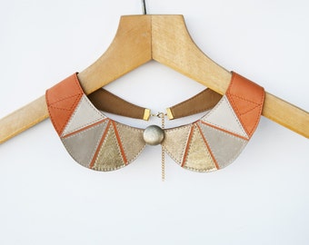 Leather Necklace Peter Pan Detachable Collar Gold Rust Orange Gray Gift for Her Geometric Jewelry