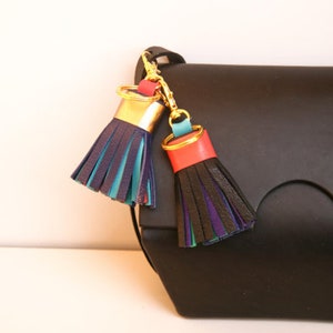 Multicolor Leather Tassel with Lobster Clasp and Split ring Bag Charm image 7