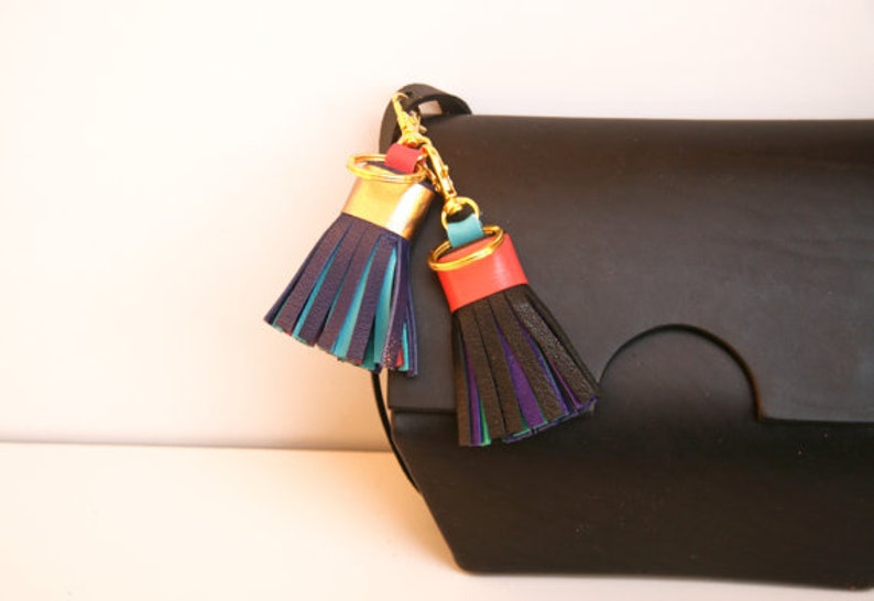 Multicolor Leather Tassel with Lobster Clasp and Split ring Bag Charm image 7