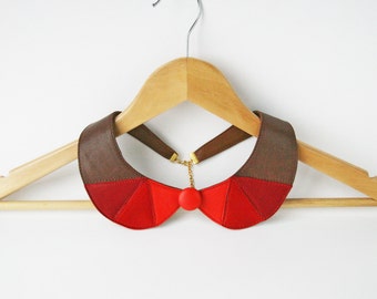 Leather Bib Necklace Detachable Collar Red and Brown Leather Jewelry