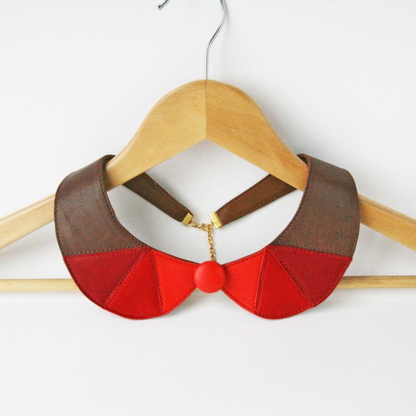 Leather Bib Necklace Detachable Collar Red and Brown Leather Jewelry