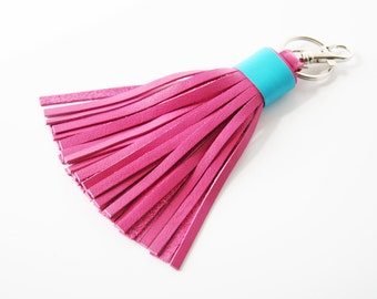 Leather Tassel Keychain Pink Turquoise Leather Tassel Key Fob Tassel Key Ring With Clasp Keyring Bag Charm