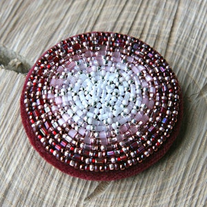 Bead Embroidered Circle Brooch Deep Red Berries Sepia and Cream Mandala Brooch Bead Embroidered image 3