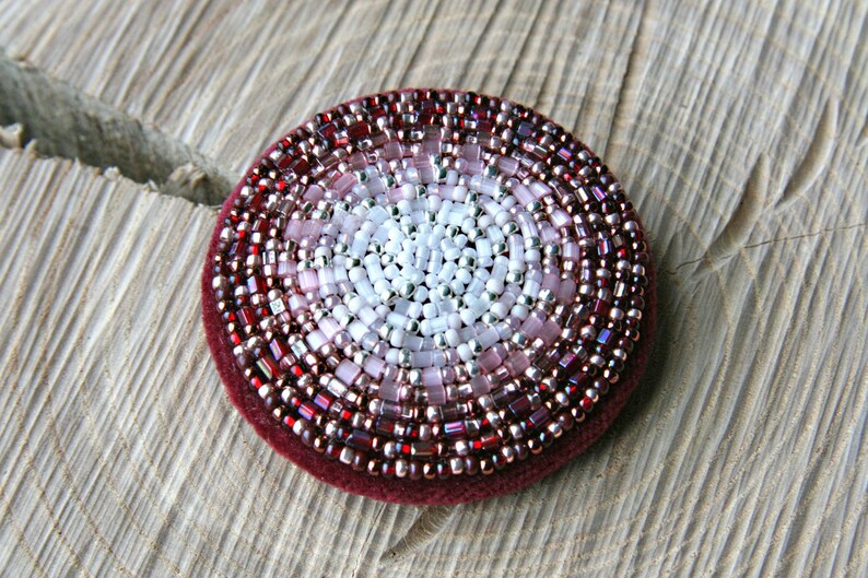 Bead Embroidered Circle Brooch Deep Red Berries Sepia and Cream Mandala Brooch Bead Embroidered image 3