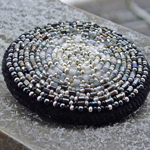 Beaded brooch Black and White Circle Brooch Pin Bead Embroidered Brooch image 2