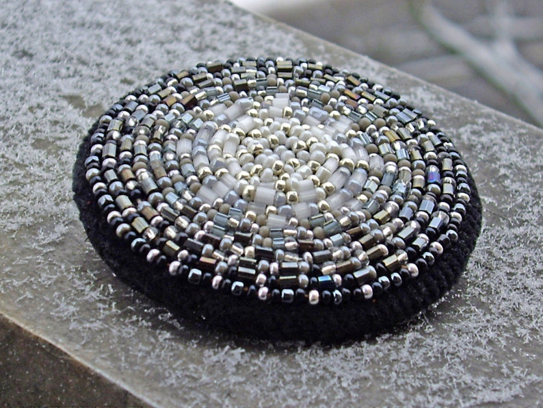 Beaded brooch Black and White Circle Brooch Pin Bead Embroidered Brooch image 2