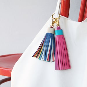 Large Leather Tassel with gold Lobster Clasp and Split ring Bag Charm Gifts for Her