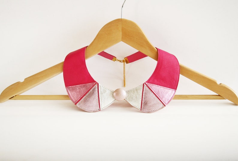 Leather Peter Pan Collar Necklace Pink and Silver Peter Detachable Collar Geometric Shapes Europeanstreetteam image 1