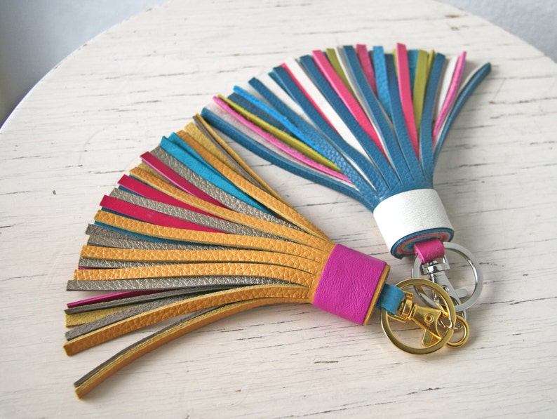 Colorful Leather tassel Fringe Keychain Key chain Bag charm Bridesmaid Gift Multicolor image 2