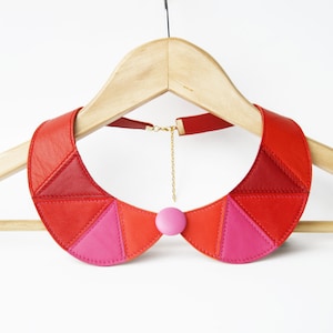 Red Peter Pan detachable collar necklace in pink and red Leather Collar Bib Necklace Peter Pan Detachable Collar Leather Jewelry