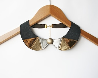 Black Peter Pan Collar Necklace Detachable Black and Gold Leather Necklace Metallic Leather Collar Bib Necklace Black Jewelry