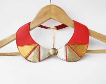 Leather Necklace Red Gold Leather Collar Bib Necklace Peter Pan Detachable Collar Leather Jewelry READY TO SHIP