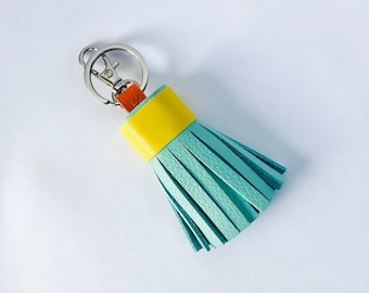 Leather Tassel Keychain Mint and Yellow Tassel Key Ring Purse Bag Charm