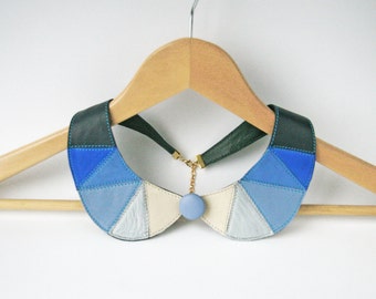 Leather Necklace Blue and White Peter Pan Statement Necklace Geometric Detachable Collar