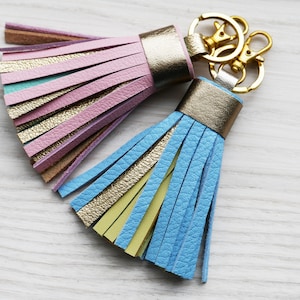 Multicolor Leather Tassel with Lobster Clasp and Split ring Bag Charm 4.7 Inches