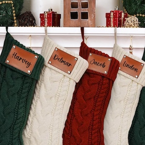 Personalized Knit Christmas Stocking: Laser Engraved Leather Name Patch