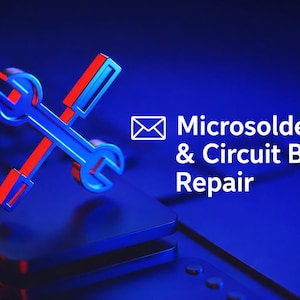 May include: A blue and red spanner icon is crossed over a dark surface. The image includes the text "Microsoldering & Circuit Board Repair" in white, along with an envelope icon. The background is a gradient of dark blue.