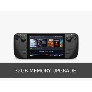 Puede incluir: Una consola de juegos portátil negra con una pantalla que muestra títulos de juegos, incluyendo "Jedi" y "Control". La consola tiene botones y joysticks a ambos lados. El texto "32GB MEMORY UPGRADE" se muestra debajo.