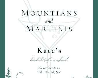 Bachelorette Invitation Template, Itinerary Template, Mountains and Martinis, Weekend Bach Party Invite, Printable Digital Download