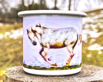 Sunset Running Horse Enamel Coffee Mug - Whimsical Fairy Tale Nature Art Design
