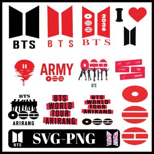 Op de afbeelding: Een verzameling rode, zwarte en witte BTS-thema graphics. De ontwerpen omvatten het BTS-logo, het woord "ARMY" en de tekst "BTS World Tour Arirang". De afbeelding bevat ook de tekst "SVG-PNG".