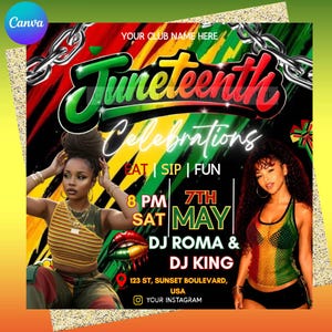 Puede incluir: Un folleto de evento para las celebraciones de Juneteenth con un fondo de pinceladas rojas, amarillas y verdes y cadenas plateadas. El texto incluye: YOUR CLUB NAME HERE, EAT | SIP | FUN, 8 PM SAT 7TH MAY, DJ ROMA & DJ KING, 123 ST, SUNSET BOULEVARD, USA.
