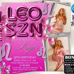Pink Leo Season Party Flyer, Birthday Szn Flyer, Leo Invitation Flyer, Leo Birthday Event, Social Media Flyer, Premade Flyer Template