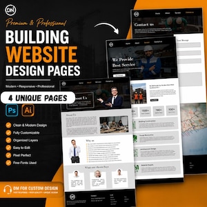 Può includere: Immagine promozionale per pagine di design di siti web. Il testo "BUILDING WEBSITE DESIGN PAGES" e "4 UNIQUE PAGES" è in evidenza. Sono presenti mockup di siti web con sezioni come "About Us" e "Contact Us".