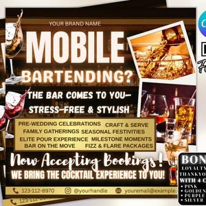 Mobile Bartending Flyer, Event Bartender Flyer, Premade Corporate Drink Service Party Flyer, Mixologist Portable Bartending, Canva Editable