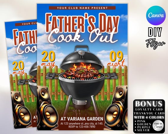 Father's Day Cookout Flyer, BBQ Cookout Flyer Template, Summer Cookout Party, Editable Dad's Day Party Flyer, Backyard BBQ Cookout Canva