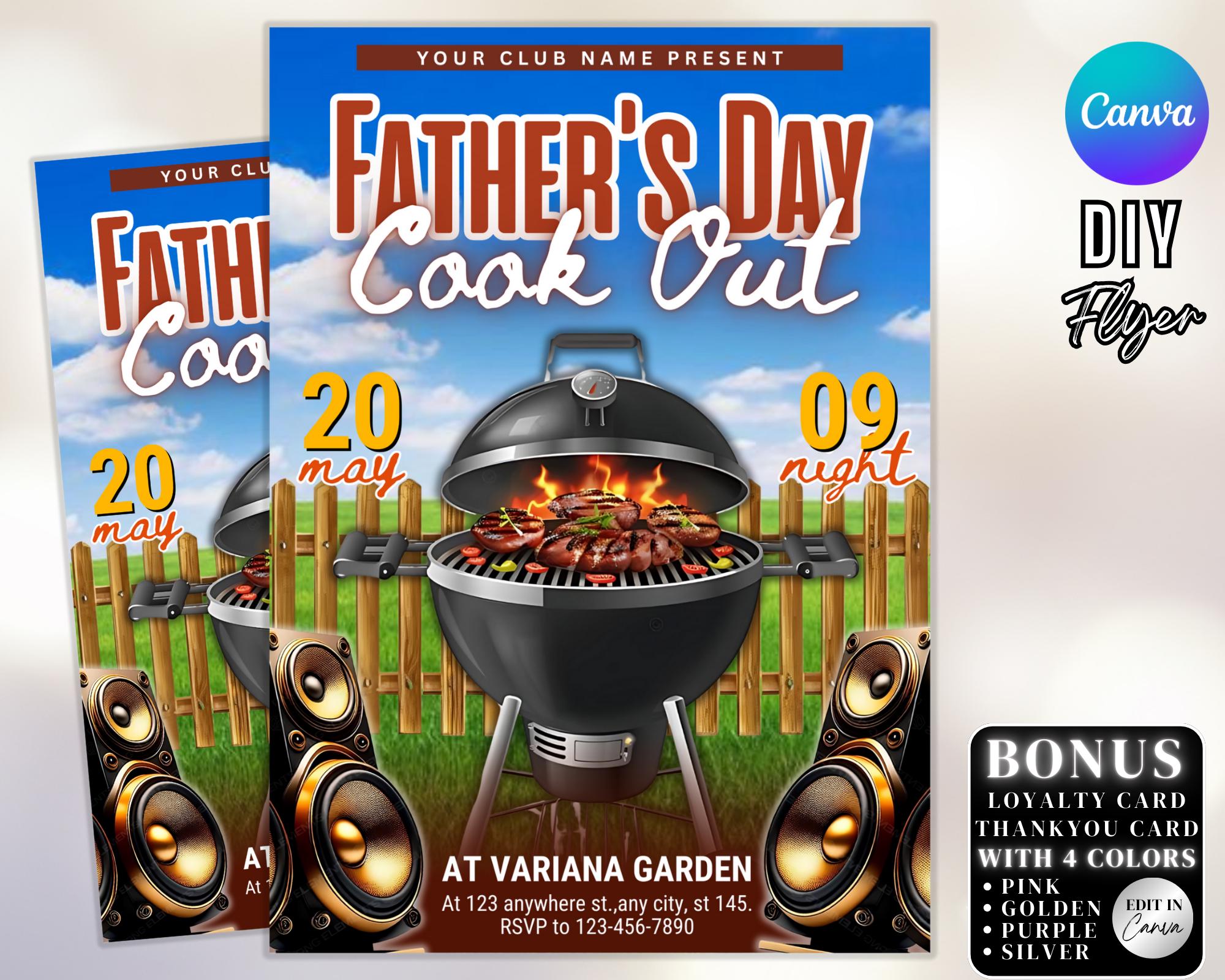 Father&#39;s Day Cookout Flyer, BBQ Cookout Flyer Template, Summer Cookout Party, Editable Dad&#39;s Day Party Flyer, Backyard BBQ Cookout Canva