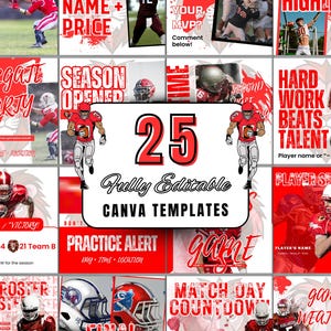 Può includere: Una collezione di 25 modelli Canva completamente modificabili a tema football americano. I modelli presentano design rossi e bianchi con giocatori di football, caschi ed elementi testuali come "Tailgate Party" e "Practice Alert."