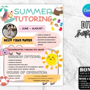 Plantilla editable de Canva para volante de tutoría de verano / Volante escolar imprimible para profesores y tutores privados / 8,5 x 11, A4, descarga instantánea