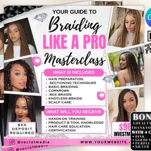 Braids Masterclass Flyer Template: DIY Beauty Course Design (Canva Editable, PDF Download)