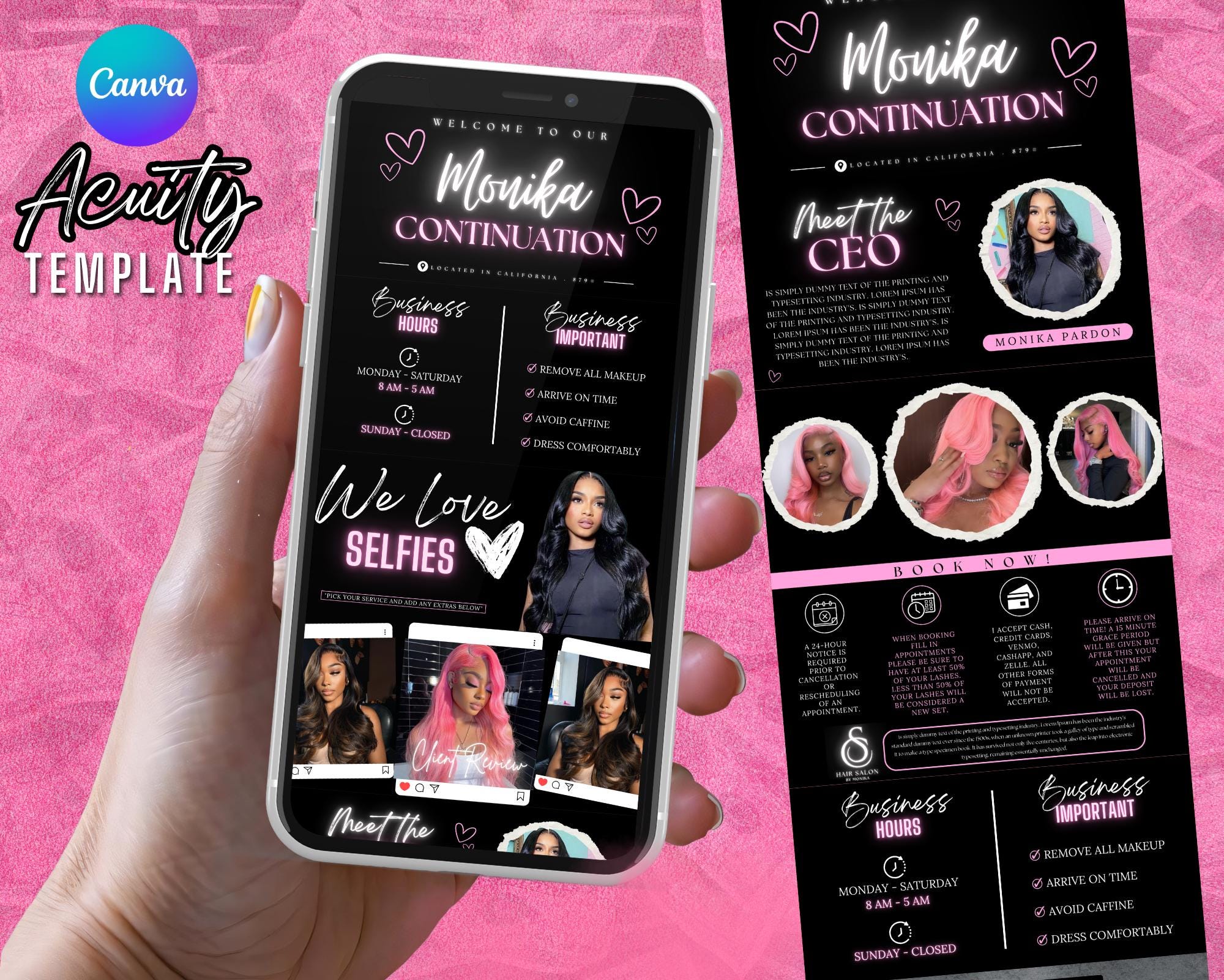 Hair Stylist Acuity Scheduling Template | Hair Stylist Branding | Hair Stylist Website | Canva Templates | Black and Pink Acuity | Acuity