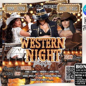 Editable Western Party Flyer: Cowgirl Birthday, Nightclub Event (Canva Template)