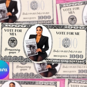 以下が含まれることがあります： 「Vote for Mia」と「Homecoming queen」の文字が入った、1000ドル札のデザイン。画像には、「Orea is coming」と書かれたチラシを持つ女性が写っています。札には「HOCO QUEEN 1000」の文字も含まれています。