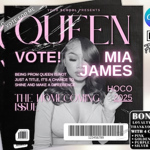 Op de afbeelding: Een zwart-witte flyer met roze tekst die reclame maakt voor een homecoming-evenement. De flyer toont een foto van een vrouw met de tekst "Vote! Mia James" en "The Homecoming Issue".