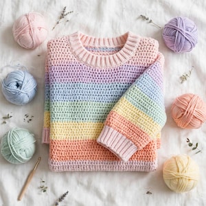 Puede incluir: Un suéter de manga larga con rayas horizontales en tonos pastel de rosa, amarillo, verde, azul y morado. La prenda está tejida a ganchillo con cuello y puños acanalados. Se incluyen seis ovillos de lana en colores a juego y un ganchillo.
