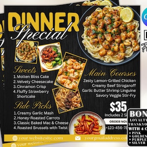 Ulotka z ofertami specjalnymi na kolację, projekt szablonu ulotki DIY, ulotka z wyprzedażą kolacji, ulotka z ofertami menu kolacji, ulotka restauracji, gotowe promocyjne materiały cateringowe