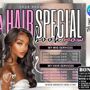 Editable Hair Specials flyer, Hair bundles flyer, frontals and closures flyer, hair flyer, book now flyer, appointment flyer, Canva template