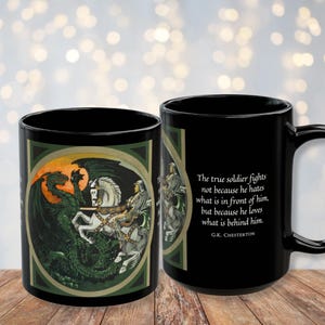 G.K. Chesterton Zitat-Tasse mit Ritter und Drache – Christliche Kaffeetasse – Geschenk für katholische Väter – Geschenk für Theologiestudenten – Kaffeetasse für Katholiken