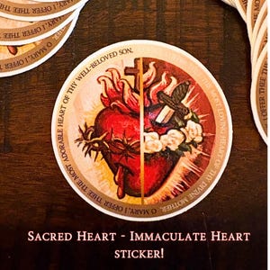 Catholic Stickers - Sacred Heart of Jesus and Immaculate Heart of Mary - 2.5&quot; Waterproof Vinyl Catholic Sacred Art Sticker with Prayers