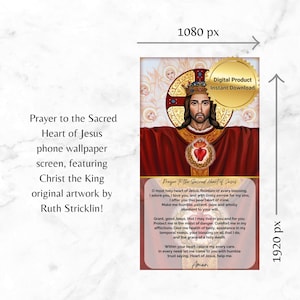 K&ouml;nnte beinhalten: Digitaler Download einer Handy-Tapete mit einem Gem&auml;lde von Jesus Christus, dem K&ouml;nig, mit einem roten Herzen. Das Bild enth&auml;lt ein Gebet zum Heiligen Herzen Jesu.