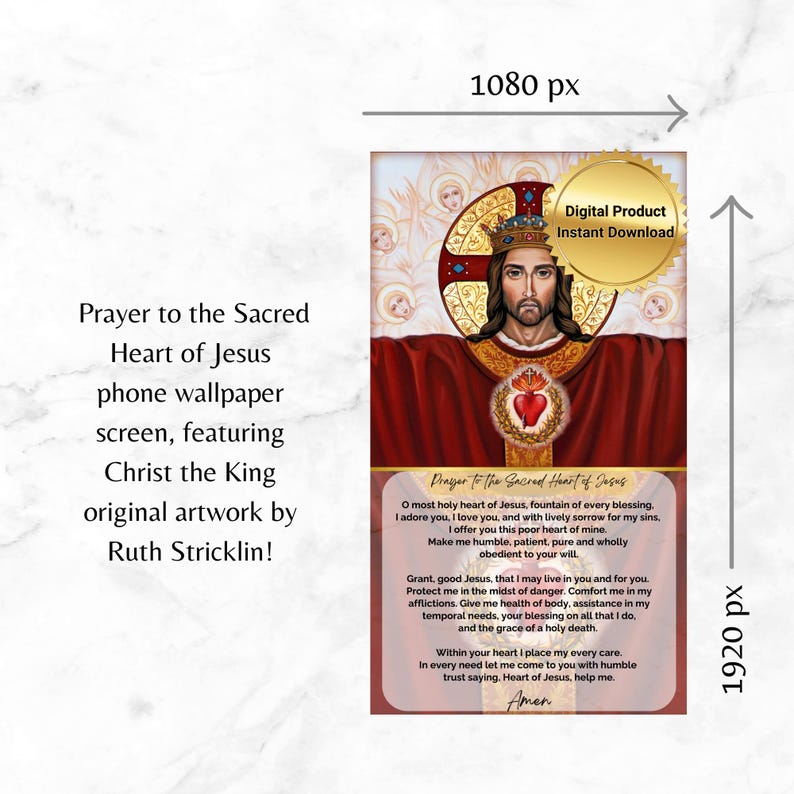 K&ouml;nnte beinhalten: Digitaler Download einer Handy-Tapete mit einem Gem&auml;lde von Jesus Christus, dem K&ouml;nig, mit einem roten Herzen. Das Bild enth&auml;lt ein Gebet zum Heiligen Herzen Jesu.