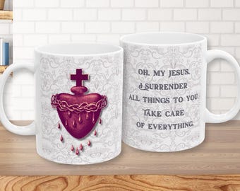Antiek Heilig Hart van Jezus kunstwerk met overgavegebed - traditionele katholieke koffiemok - mok Jezus theekopje - katholiek vriend cadeau