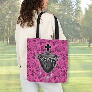 Sacred Heart of Jesus Pink Tote Bag with Roses - Catholic Woman Bible Study Tote Bag with Floral Design + Antique Sacred Heart - Church Bag