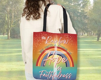 Christian Rainbow Cross Tote Bag - Catholic Tote Bag - Bible Study Tote Bag - Hope + Faithfulness Inspirational Tote Bag - Church Bible Bag