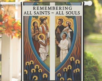 Black + White All Saints All Souls Day Catholic House + Garden Flag - November Devotions Porch Flag - Traditional Catholic Sacred Art Banner